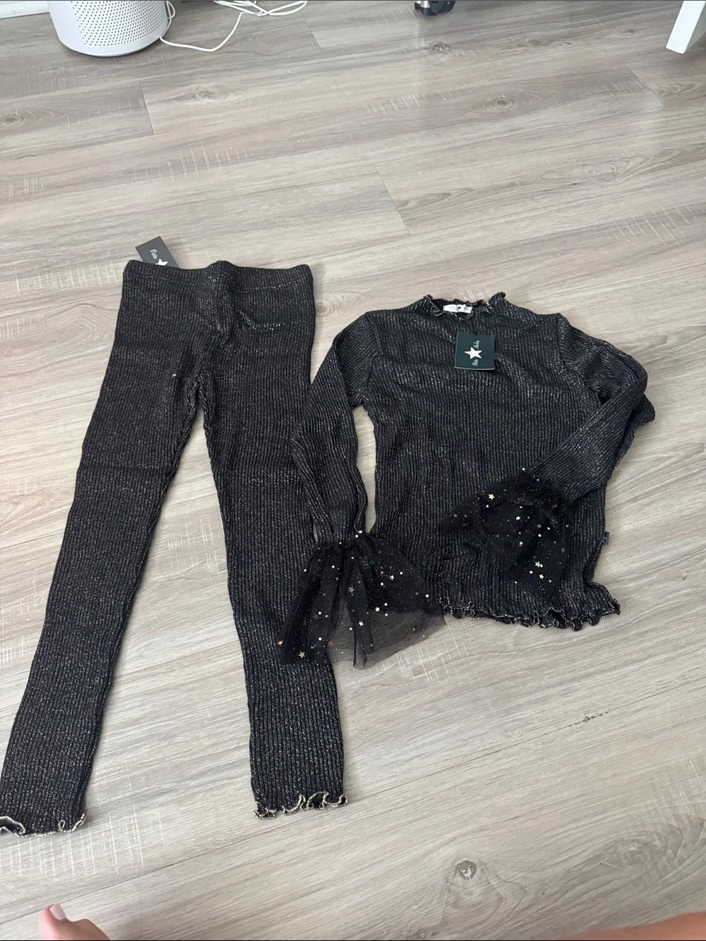 Petite Hailey Girls' Black Shimmer Ribbed Matching Leggings Set
